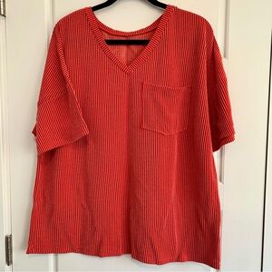 Red Wavy Ribbed V-neck Shirt